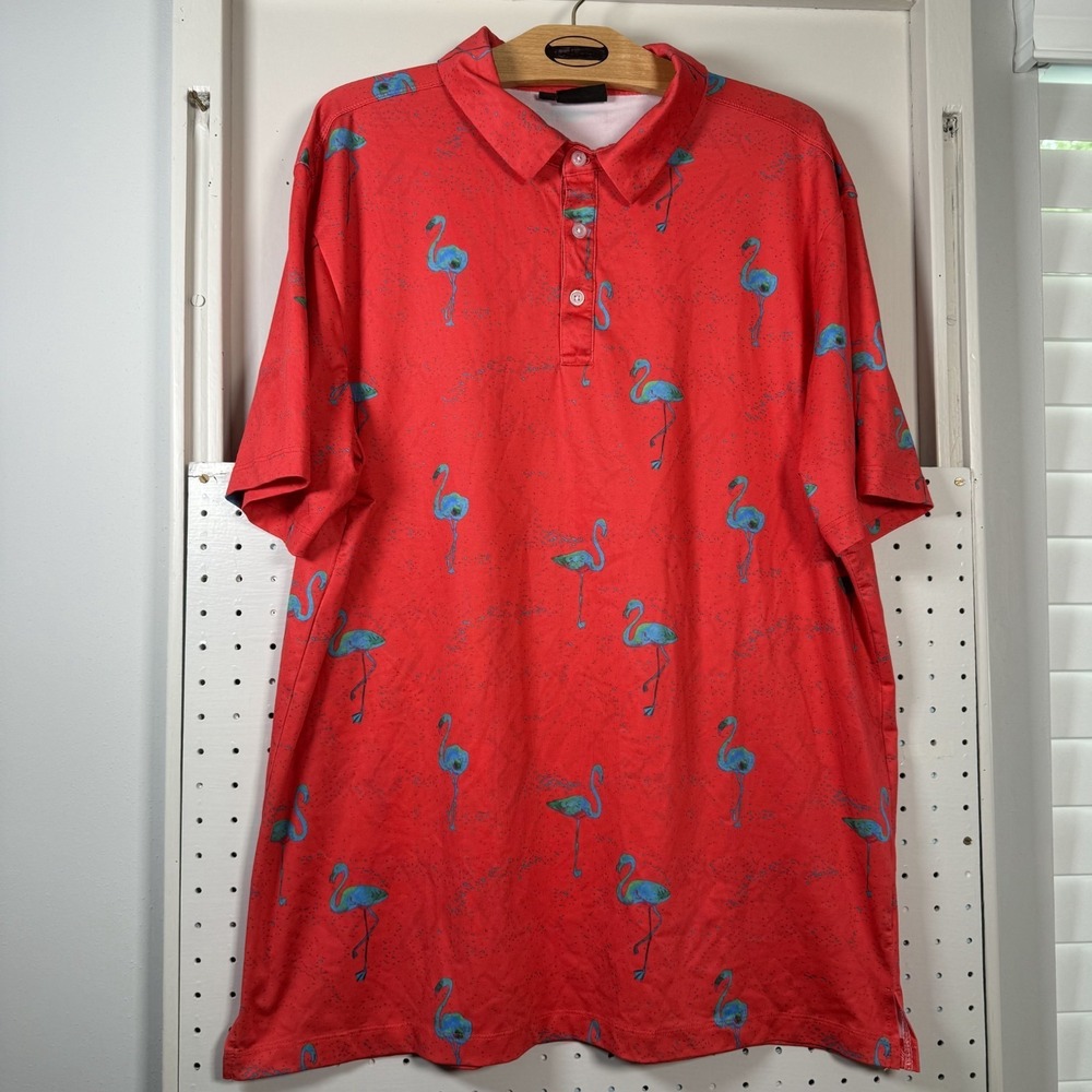 Yatta Golf‎ Polo Shirt Mens Large Pink Flamingo Print  Regular Fit Performance